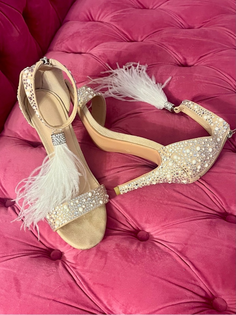 Embellished Crystal and Pearl Feather Tassle Ankle-Strap Heels in Blush/Nude